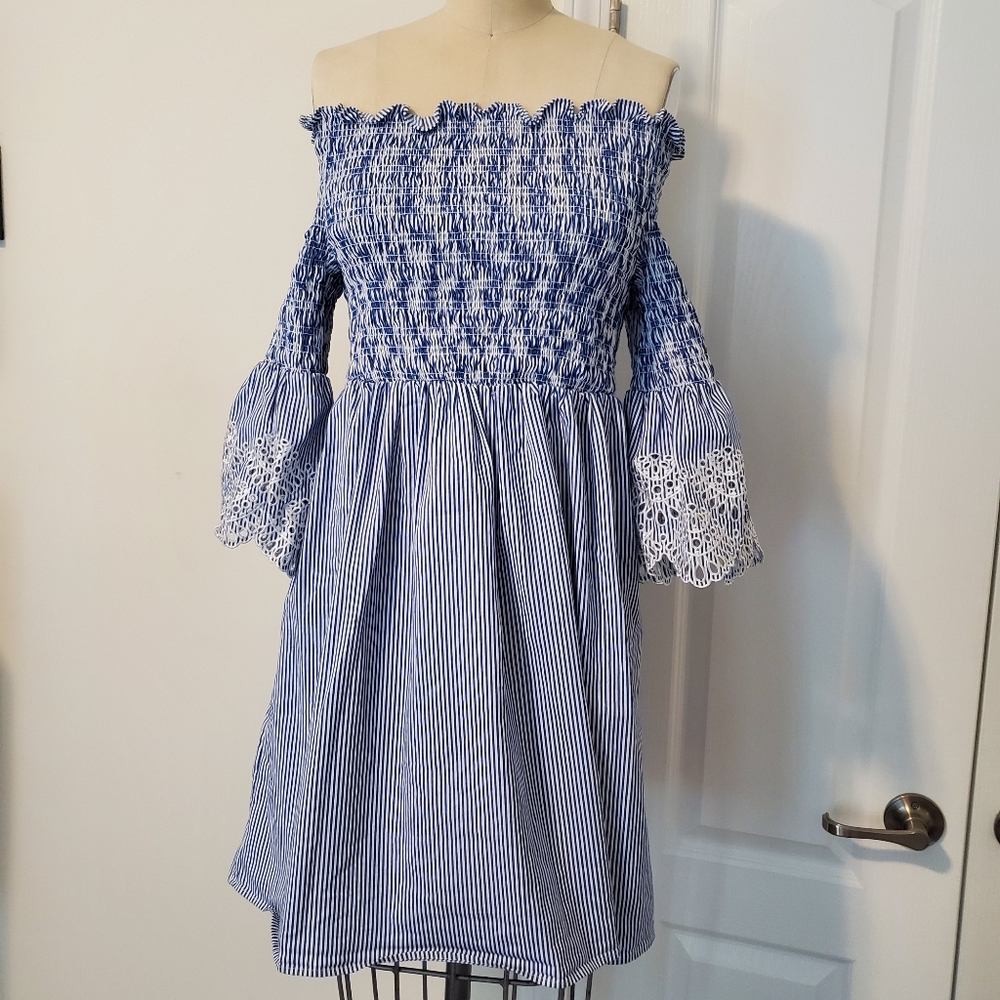 TED BAKER NOAAH Blue And White Smocked Off Shoulder Embroidered Striped Dress